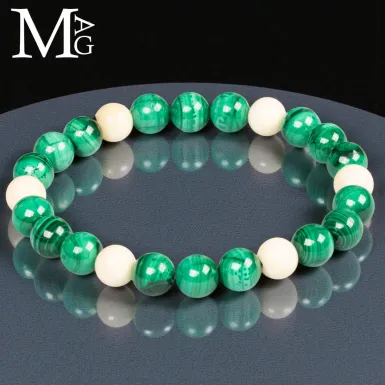 Bracciale Sfere in Malachite Naturale e Osso.