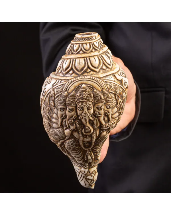 Shankha Intagliato con Ganesha Multiforme.
