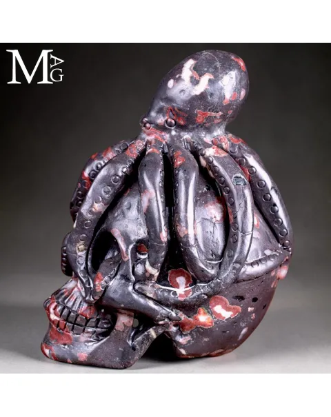 Scultura in Diaspro Nero – Teschio con Polpo.
