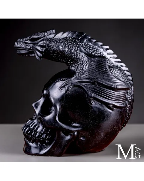 Scultura in Diaspro Nero – Teschio con Drago