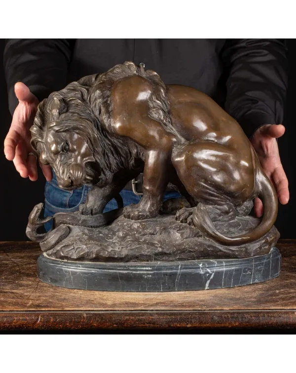 Scultura Bronzo Leone e Serpente - Antoine Louis B...