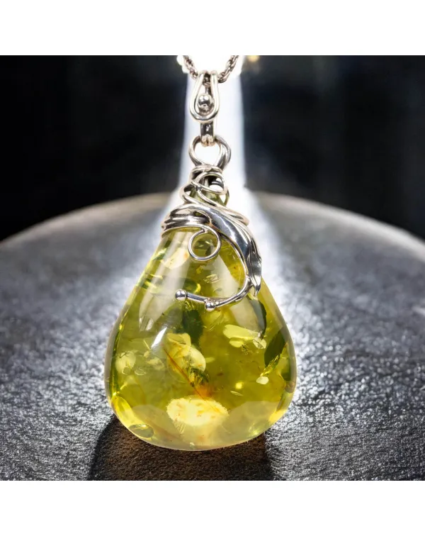 Ciondolo in Argento - Goccia di ambra verde dei Ca...