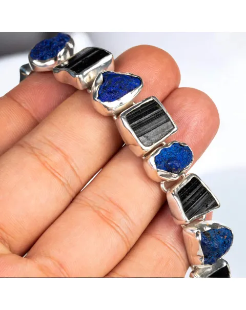Bracciale in Argento con Azzurrite dei Monti Urali e Tormalina Nera.
