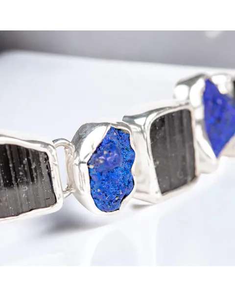 Bracciale in Argento con Azzurrite dei Monti Urali e Tormalina Nera.