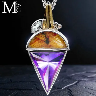 Ciondolo in Argento ed Oro: Ametista Boliviana, Quarzo Rutilato, Acquamarina e Diamantini