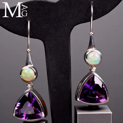 Orecchini in Argento con Opali Etiopi, Diamante e Ametiste Boliviane