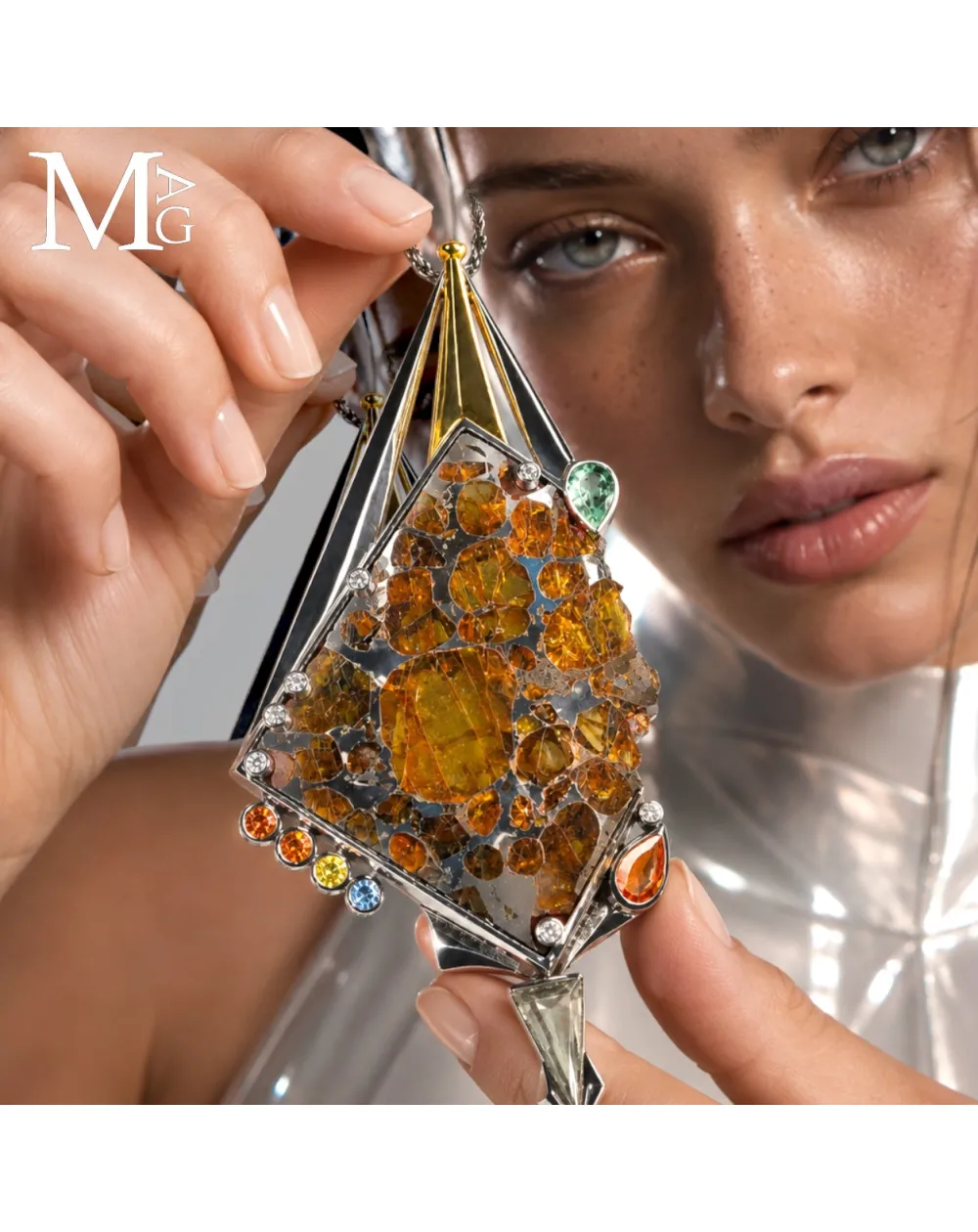 Gioiello Unico - Argento con Meteorite Pallassite Sericho, Diamanti e Zaffiri Multicolore