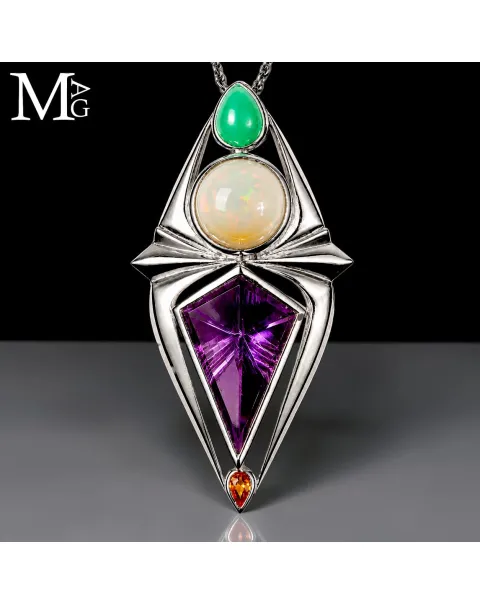 Pendente in Argento con Crisoprasio, Opale Etiope, Ametista e Citrino – suggestione di Scarabeo Sacro