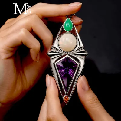 Pendente in Argento con Crisoprasio, Opale Etiope, Ametista e Citrino – suggestione di Scarabeo Sacro