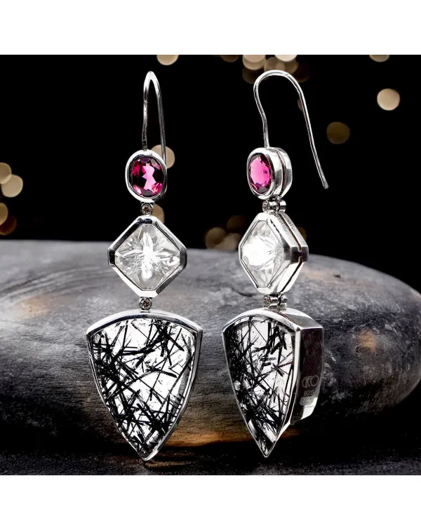 Orecchini in Argento con Tormaline Rosa, Quarzi In...