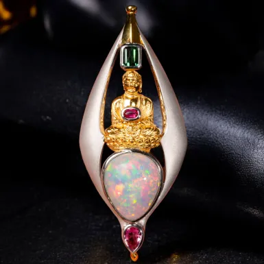 Ciondolo in Argento Satinato e Oro con Opale, Rubi...