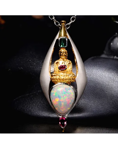 Ciondolo in Argento Satinato e Oro con Opale, Rubino e Tormaline..