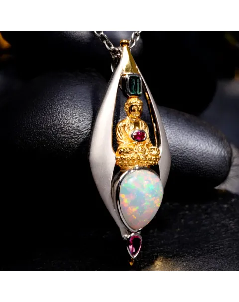 Ciondolo in Argento Satinato e Oro con Opale, Rubino e Tormaline..
