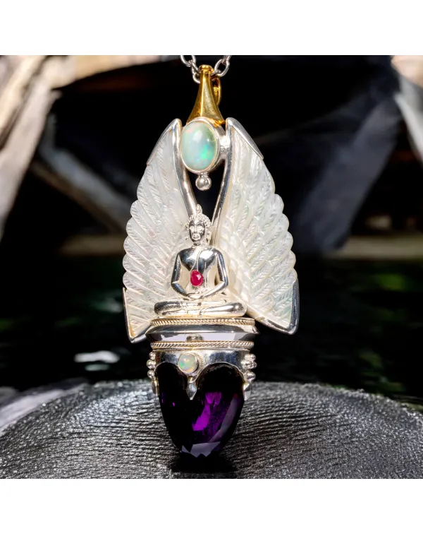 Gioiello Buddha: Argento e Oro con Opali, Rubino e...