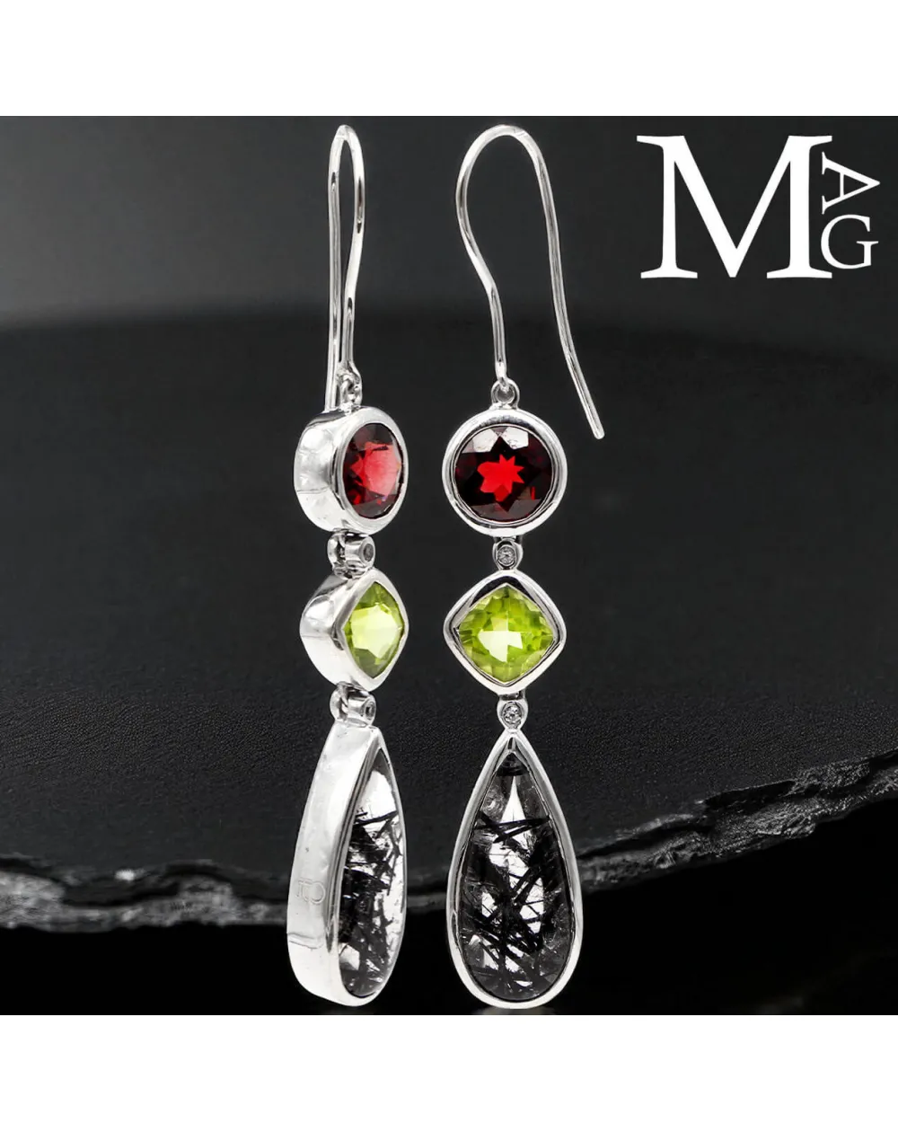 Orecchini in Argento con Granato, Peridoto, Quarzo Tormalinato e Diamantini.