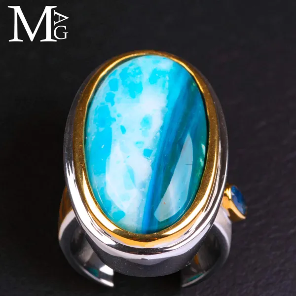 Anello in argento con opale peruviano e zaffiro blu