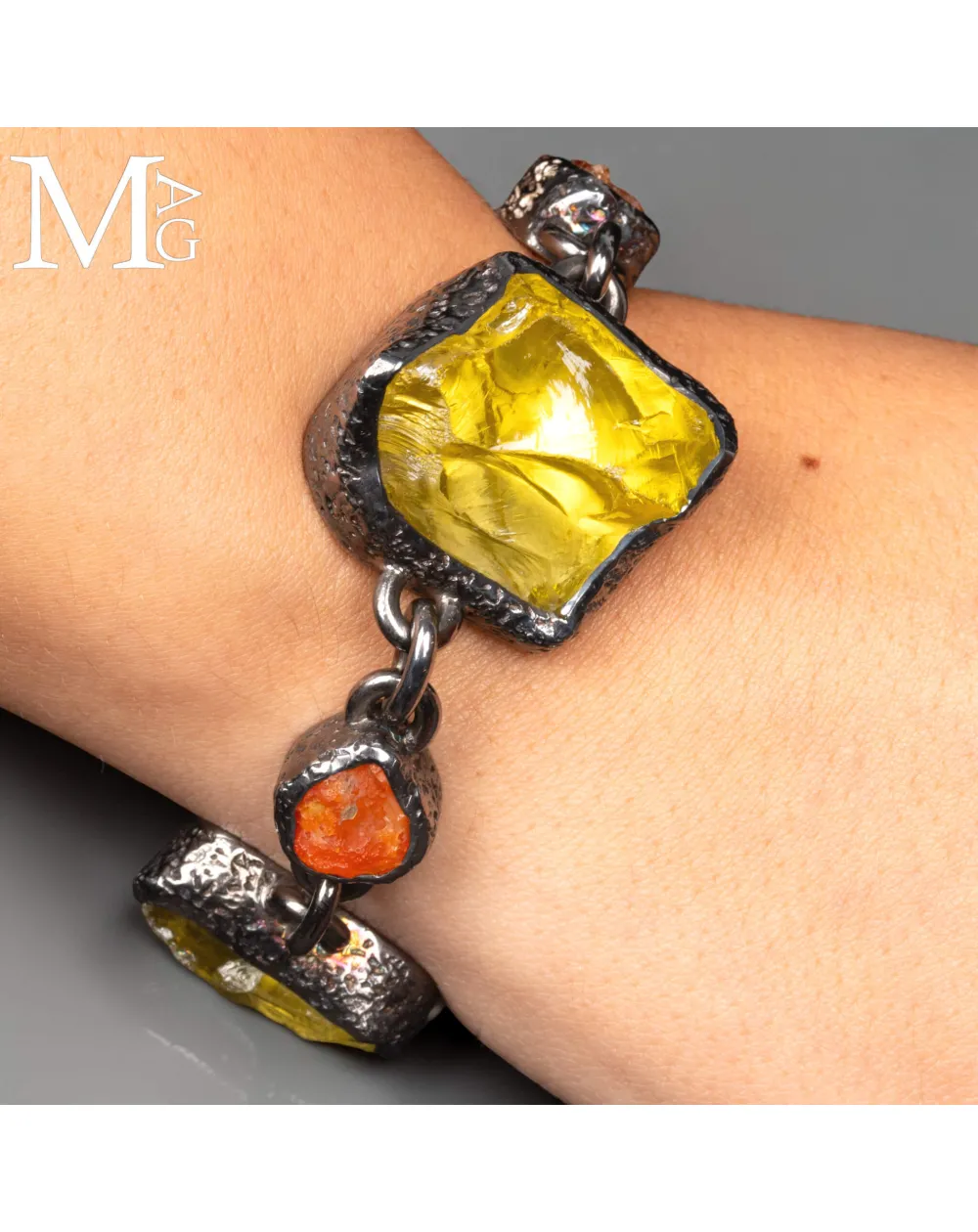 Pezzo Unico - Bracciale in Argento, Quarzo Limone e Opale di Fuoco.