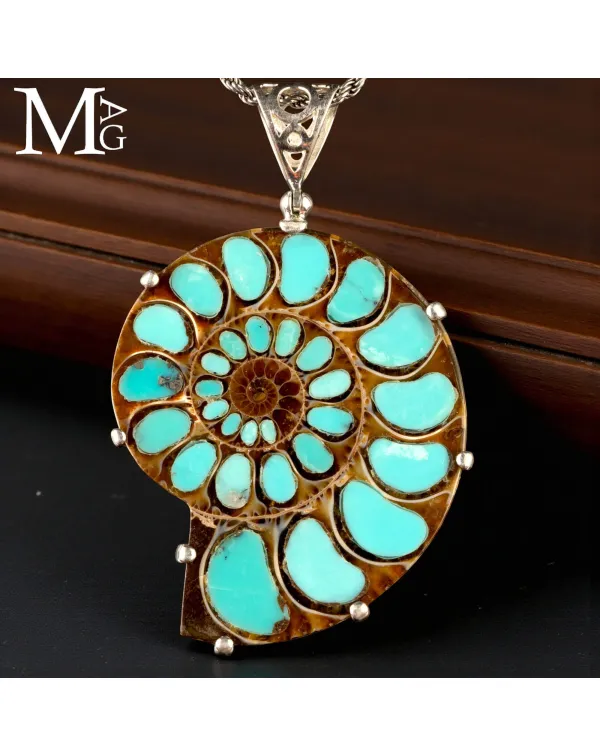 Ciondolo in argento con Ammonite e Turchese natura...