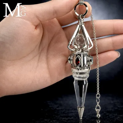 Pendolo Divinatorio in Quarzo Ialino, Argento e Gemme Multicolore