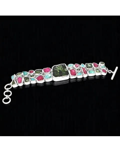 Bracciale in Argento con Quarzo Verde, Apatite Blu e Rubino.
