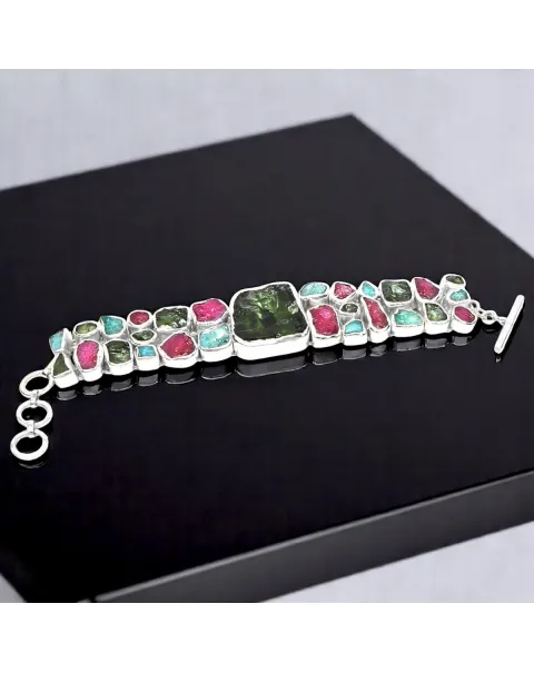 Bracciale in Argento con Quarzo Verde, Apatite Blu e Rubino.