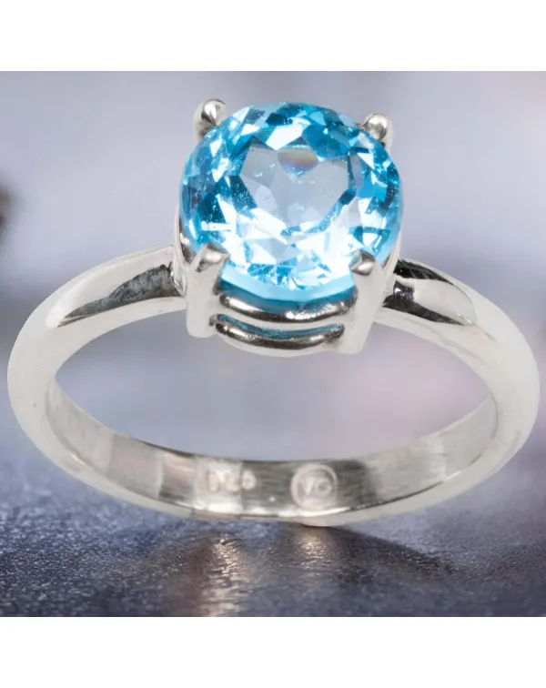 Anello in Argento con Topazio Swiss Blue Tondo Tag...