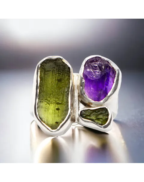 Anello Ametista e Moldavite