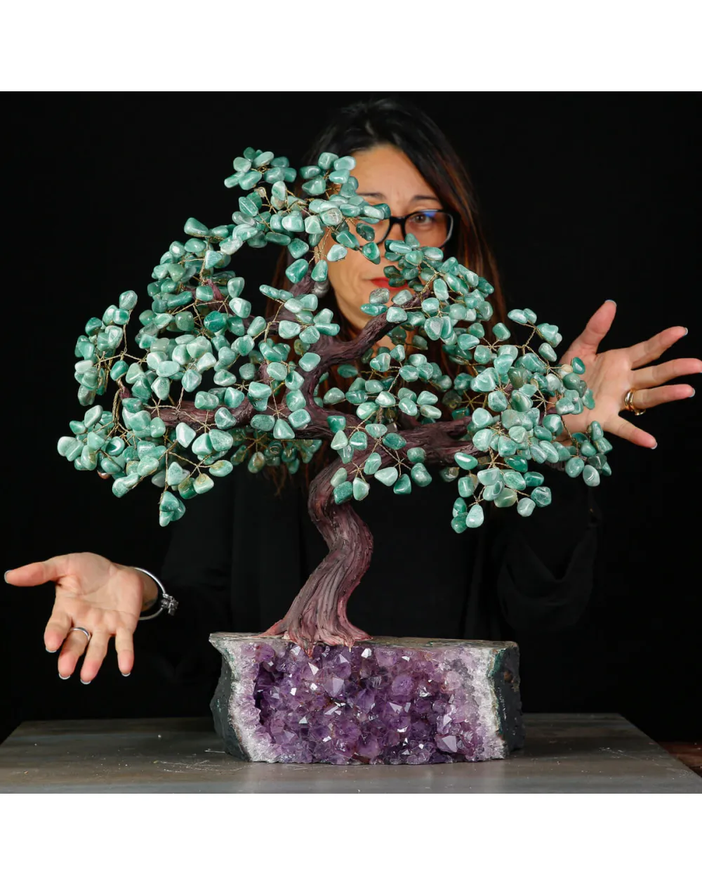 Albero della Vita: Bonsai di Avventurina su Base di Drusa di Ametista Naturale.