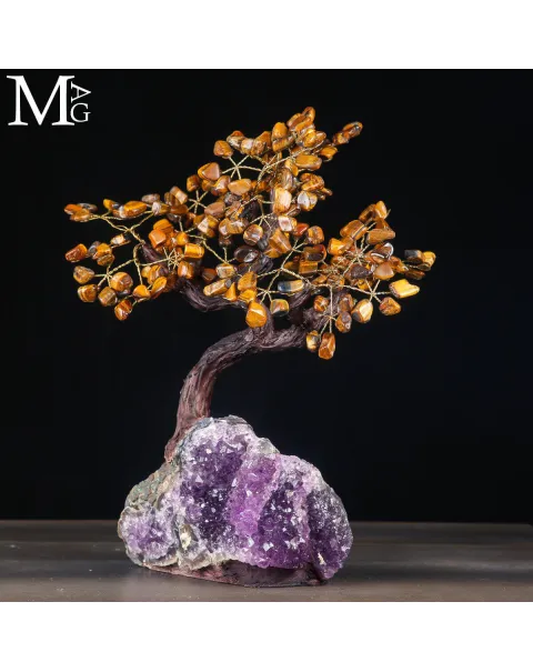 Albero della Vita con foglie in Occhio di Tigre burattato su drusa di ametista.