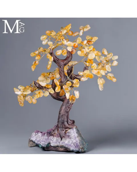 Albero Bonsai in Quarzo Citrino su Drusa di Ametista – Scultura d’Arredo Naturale