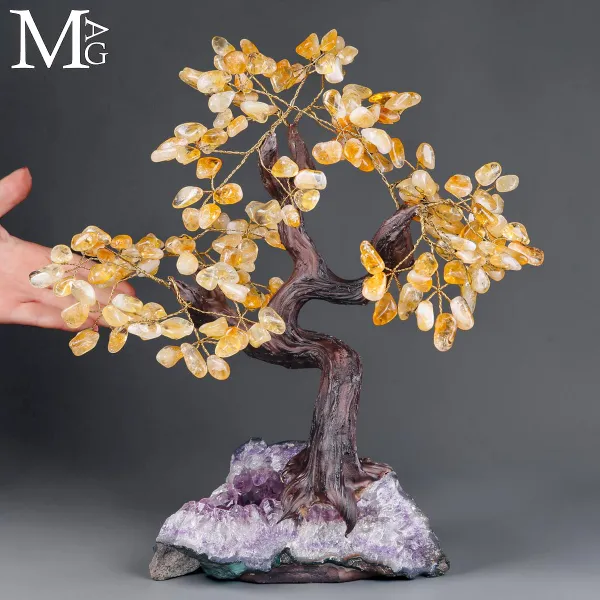Albero Bonsai in Quarzo Citrino su Drusa di Ametista – Scultura d’Arredo Naturale
