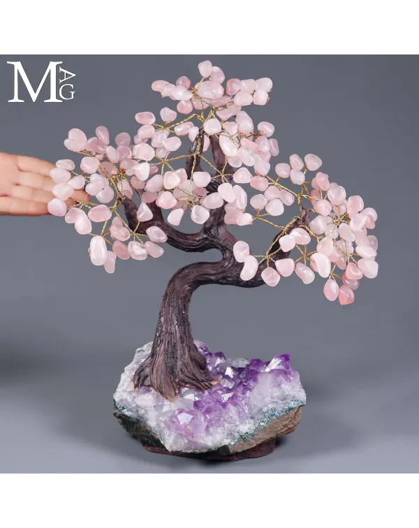 Albero Bonsai in Quarzo Rosa su Drusa di Ametista ...