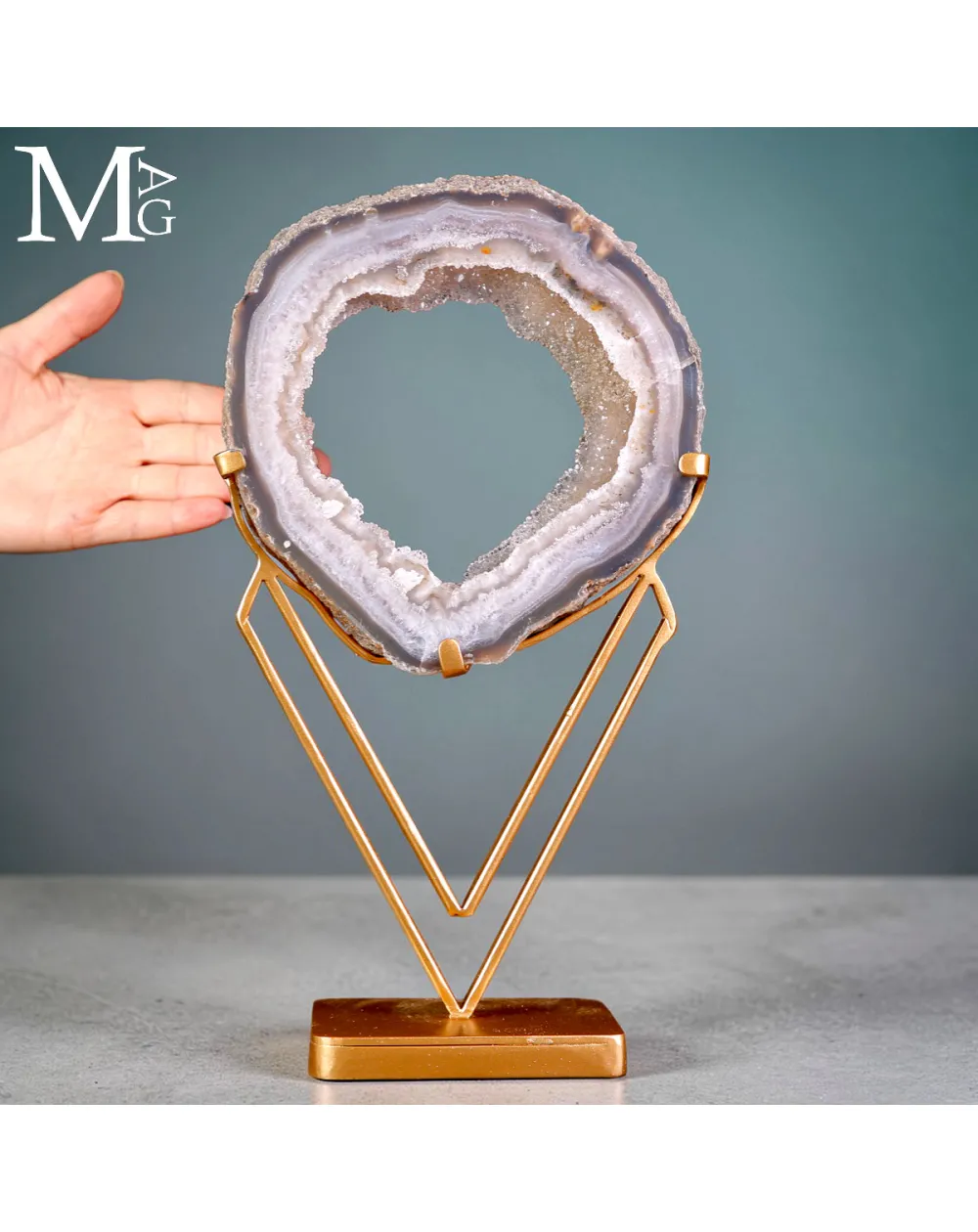 Geode di Agata Naturale con Drusa di Quarzo su Base in Ferro Decorativa