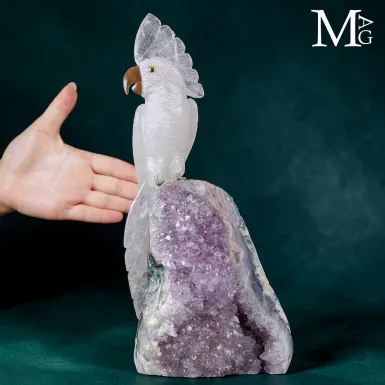 Scultura di Cacatua in Quarzo e Base di Drusa di A...