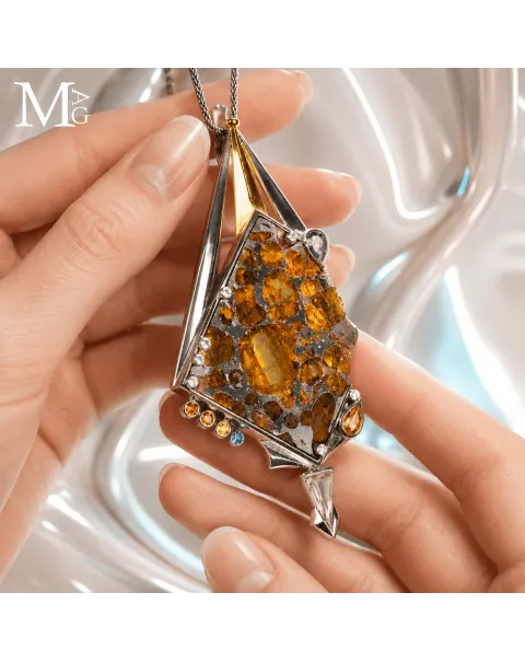 Gioiello Unico - Argento con Meteorite Pallassite Sericho, Diamanti e Zaffiri Multicolore