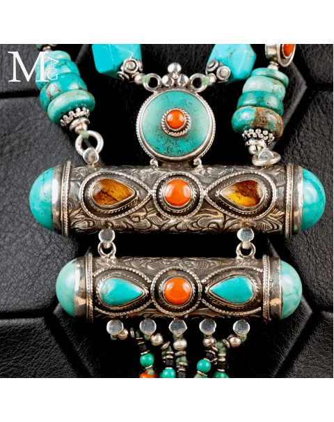 Collana Tibetana Tradizionale - Argento, Turchese, Corallo e Ambra.