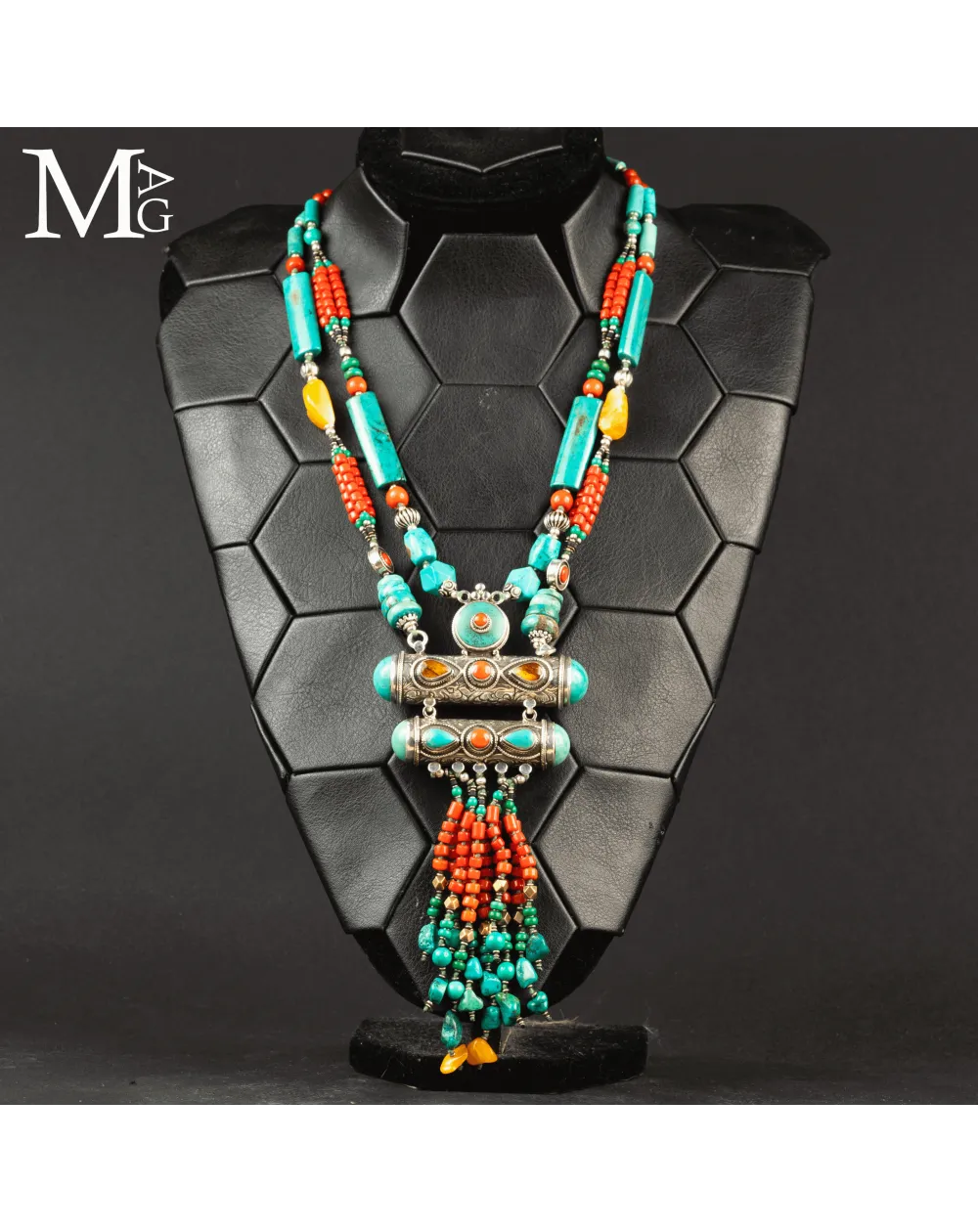 Collana Tibetana Tradizionale - Argento, Turchese, Corallo e Ambra.