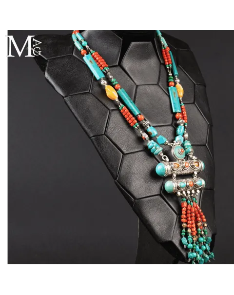 Collana Tibetana Tradizionale - Argento, Turchese, Corallo e Ambra.