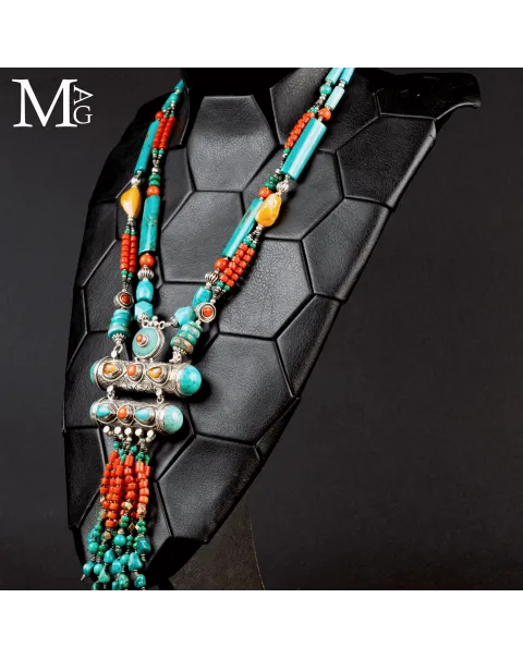 Collana Tibetana Tradizionale - Argento, Turchese, Corallo e Ambra.