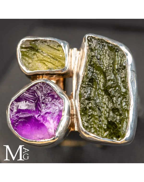 Anello in Argento con Moldavite e Ametista.