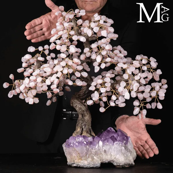Albero Decorativo su drusa di Ametista e Quarzo Rosa.