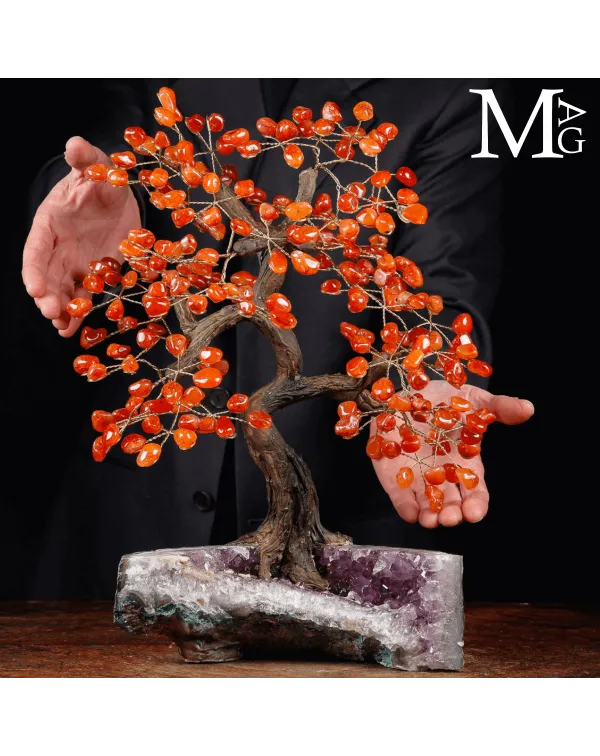 Albero Ornamentale in Corniola su geode di Ametist...