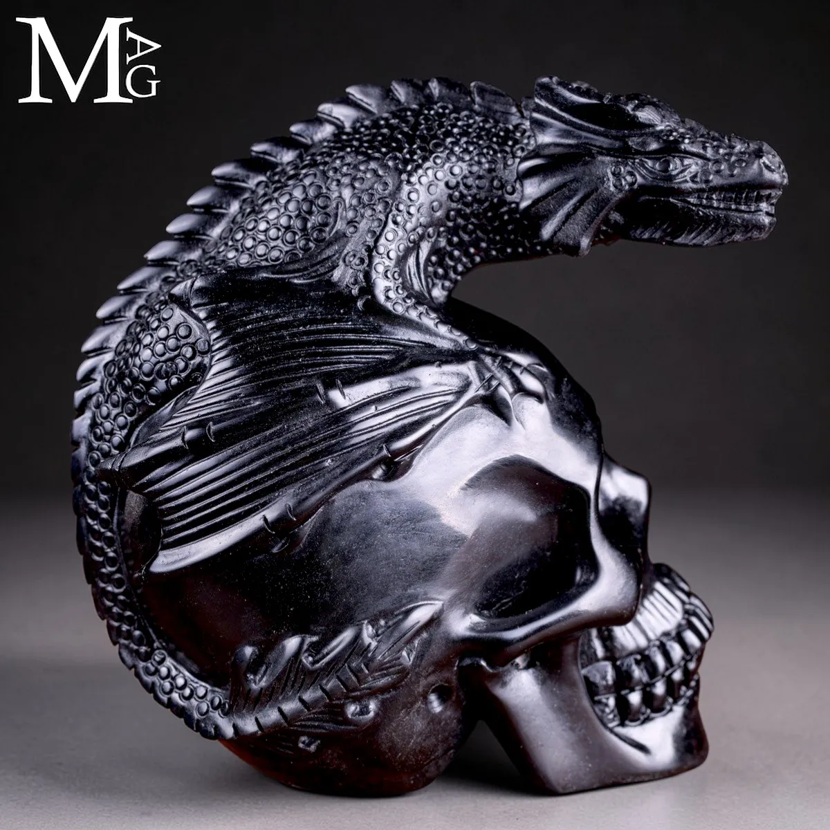 Scultura in Diaspro Nero – Teschio con Drago