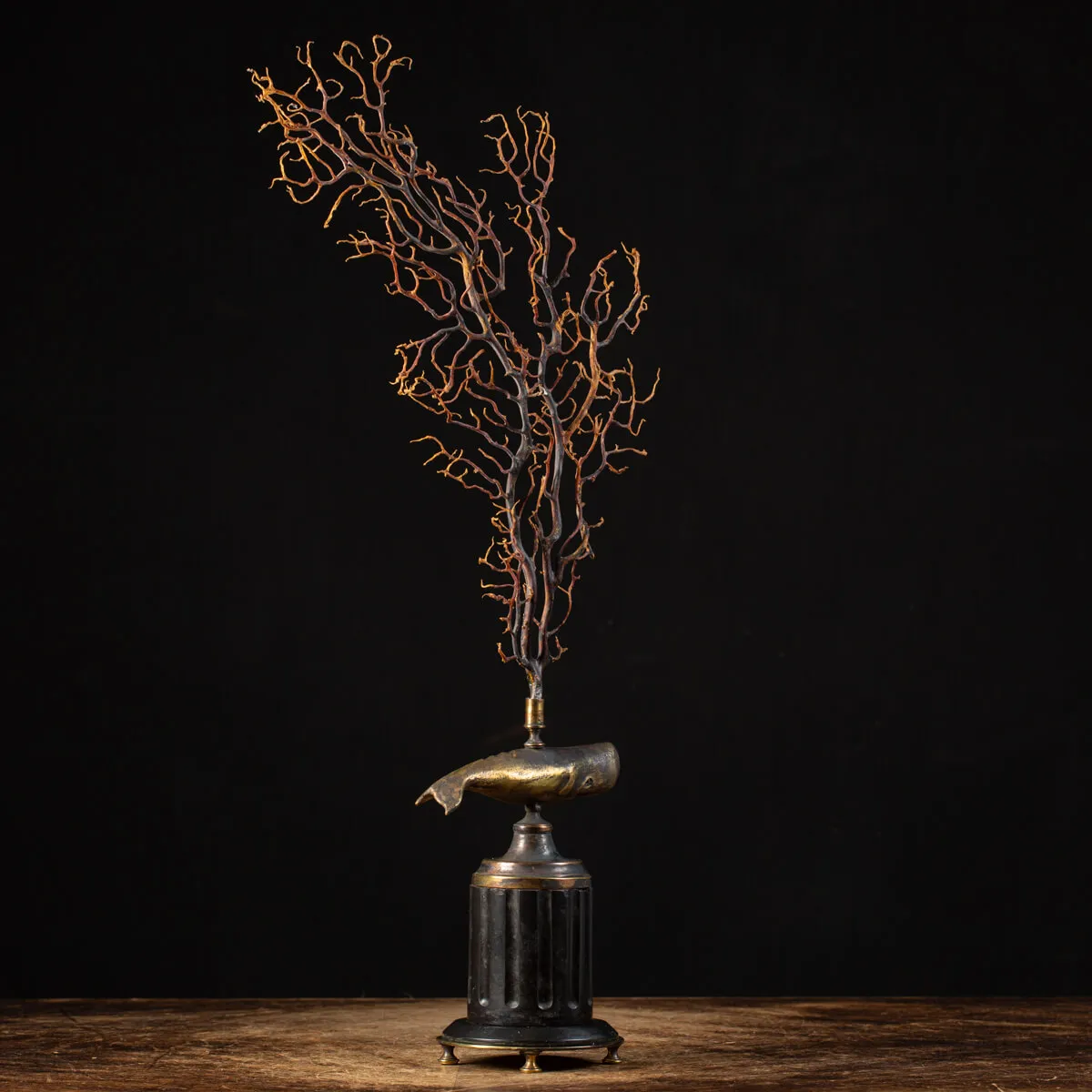 Scultura di balena con gorgonia