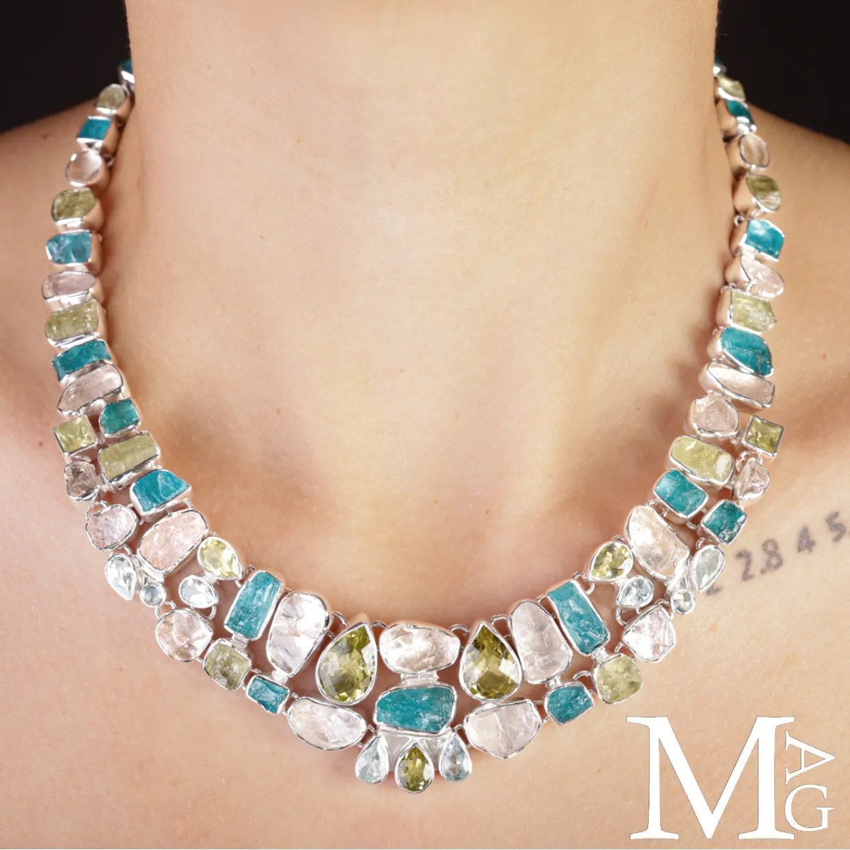 Collier in Argento con Eliodoro, Morganite, Acquamarina e Apatite Naturali