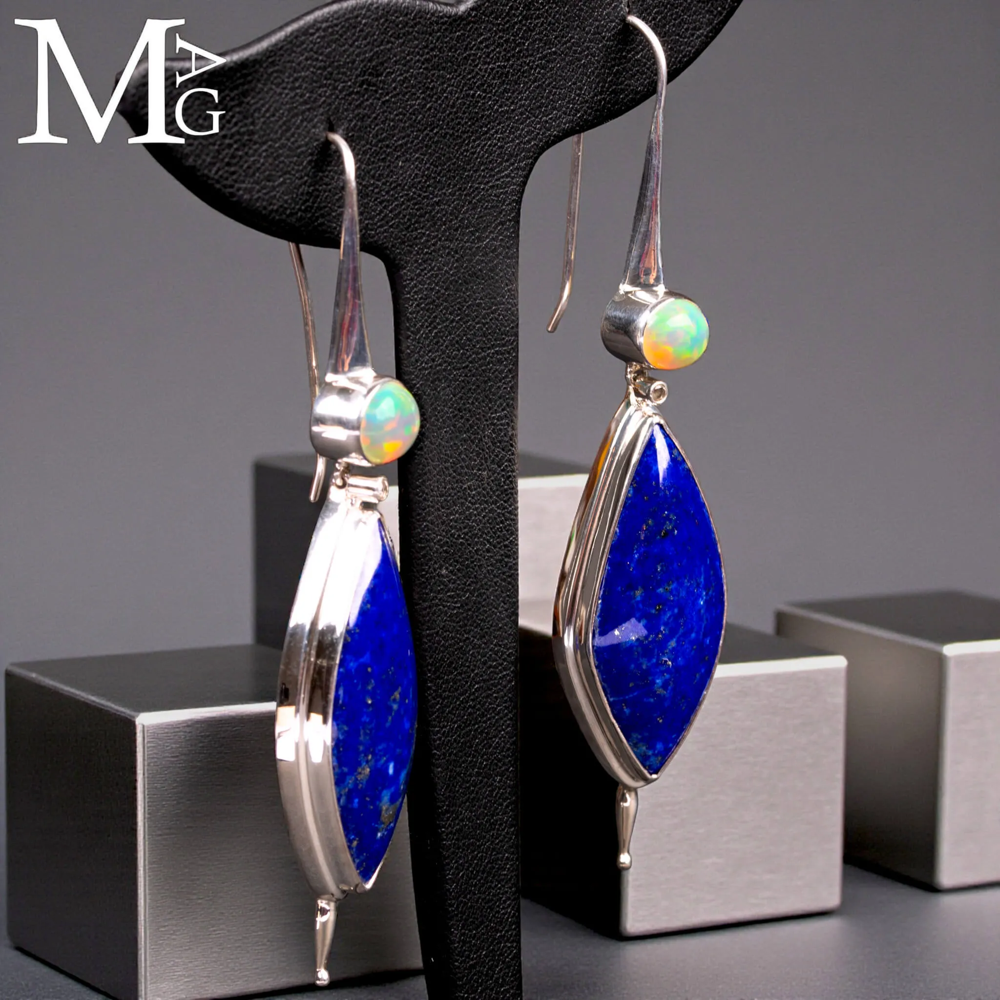 Orecchini in Argento con Lapis Lazuli, Opali Etiopi e Diamantini
