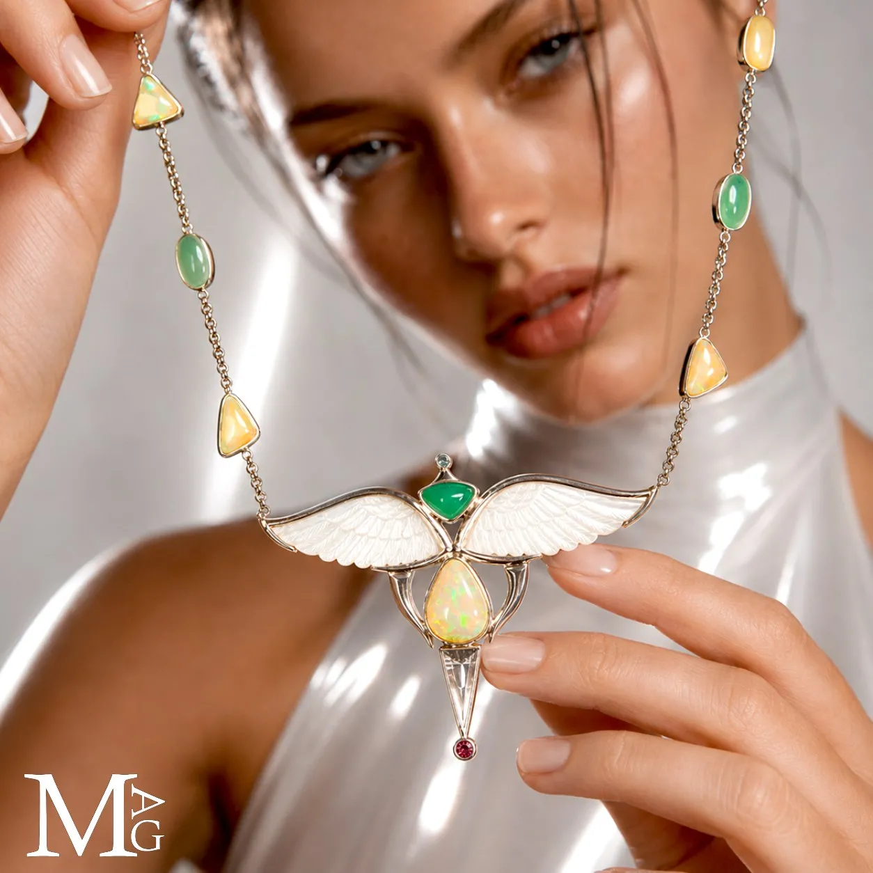 Collier Alato in Argento con Opali Etiopi, Crisoprasio, Smeraldo, Quarzo e Rubino