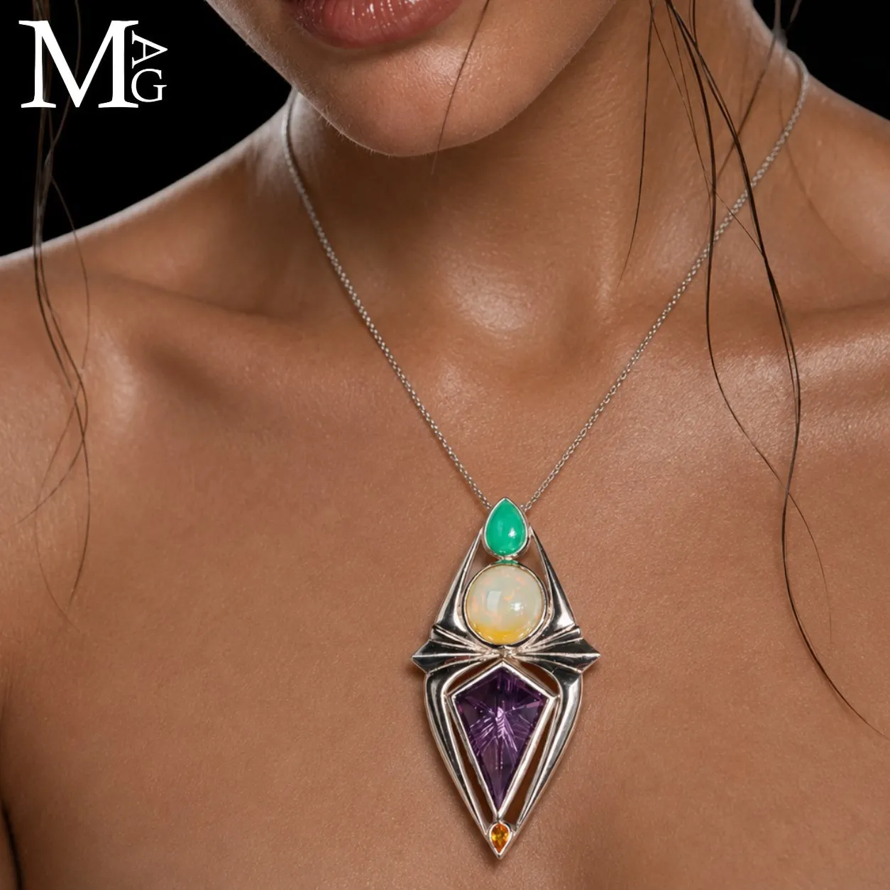 Pendente in Argento con Crisoprasio, Opale Etiope, Ametista e Citrino – suggestione di Scarabeo Sacro