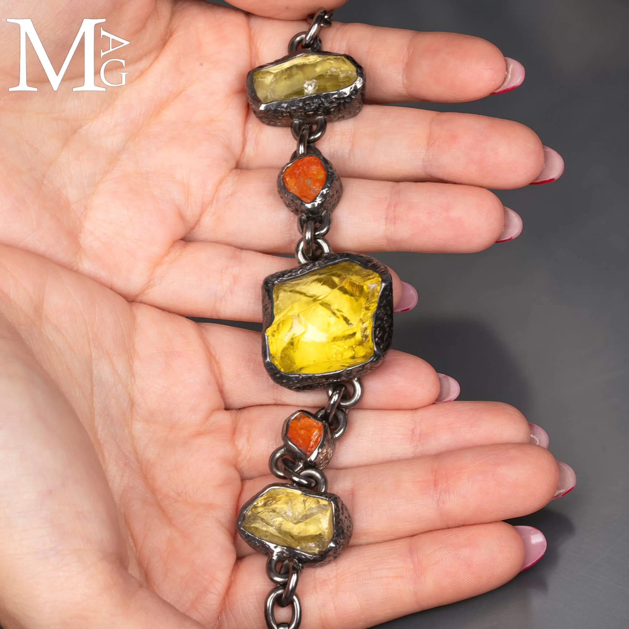 Pezzo Unico - Bracciale in Argento, Quarzo Limone e Opale di Fuoco.