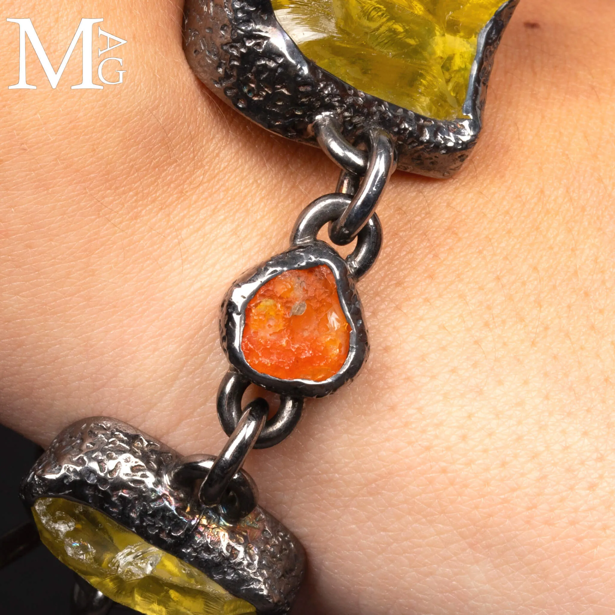 Pezzo Unico - Bracciale in Argento, Quarzo Limone e Opale di Fuoco.